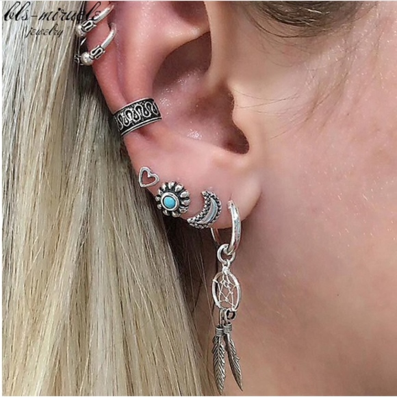 Jewelry - Boho Moon Heart Feather Ear Cuff Stud Earrings